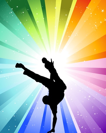 Brake dancer at the festive color rays and stars. Vector illustration for design use.のイラスト素材