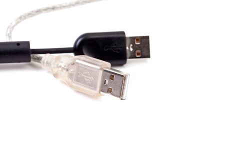 Macro view of USB cable. Isolated on white background.