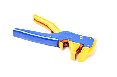 Professional blue with yellow wire stripper isolated on white backgroundの写真素材