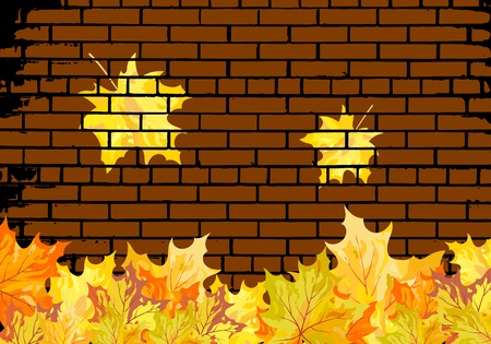 Autumn maple leaves on brick wall  background. illustrationのイラスト素材
