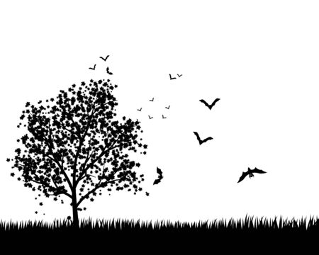 Lonely  maple tree in the meadow with flying bats. All objects are separated.のイラスト素材