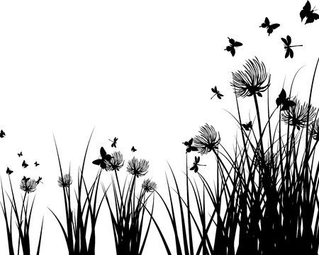 Meadow background with butterfly and flower. Vector illustration.のイラスト素材