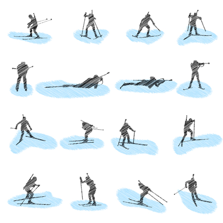 Set of biathlon grunge silhouettes. Fully editable illustration.のイラスト素材