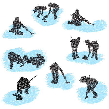 Set of curling player grunge silhouettes. Fully editable  illustration.のイラスト素材