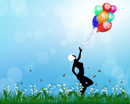 Lady playing with balloons. EPS 10 vector illustration with transparency and mesh.のイラスト素材