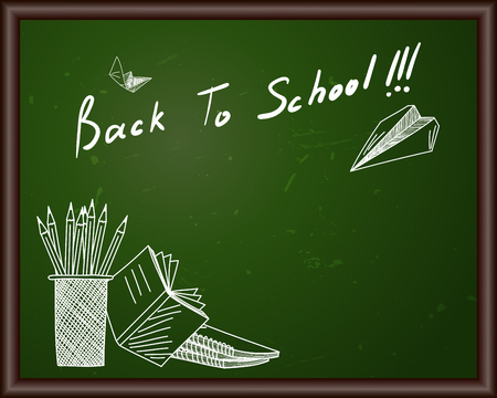 Blackboard with Back to school title and sketch drawing.のイラスト素材