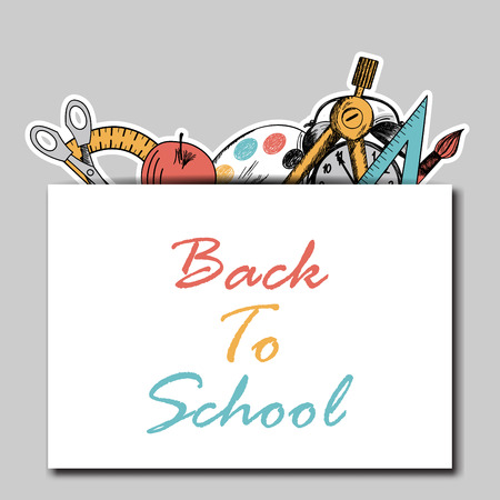 Back to school  in flat design with pocket and education hand drawn symbolsのイラスト素材