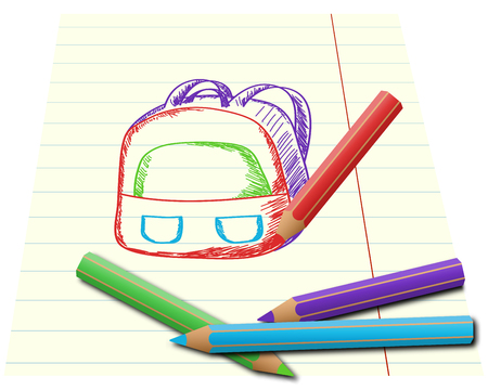 Colorful pencils drawing school backpack on lined paperのイラスト素材