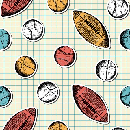 Seamless pattern with hand drawn different sport balls on checkered copybook backgroundのイラスト素材