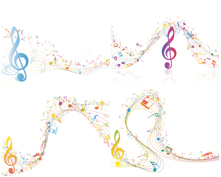 Set of Musical Design Elements From Music Staff With Treble Clef And Notes in Multicolor Style With Transparency. Elegant Creative Design With Shadows Isolated on White. Vector Illustration.のイラスト素材