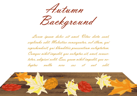 Grunge Wooden Background With Autumn Maple, Birch and Oak Leaves and  Text Space.  Elegant Design with Ideal Balanced Colors. Also Suitable For Commerce and Household Use. Vector Illustration.のイラスト素材