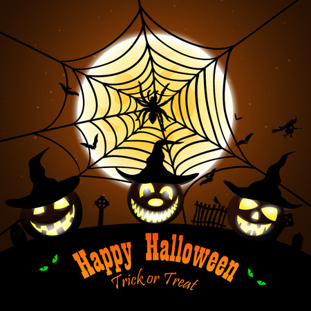 Happy Halloween Greeting (Invitation)  Card. Elegant Design With Smiling Pumpkin in Front of Moon and Spider With Web Over Grunge Orange Background. Vector illustration.のイラスト素材