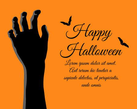 Happy Halloween Greeting (Invitation) Card. Elegant Design With Rising Zombie Hand and Bats Over Orange Background. Vector illustration.のイラスト素材