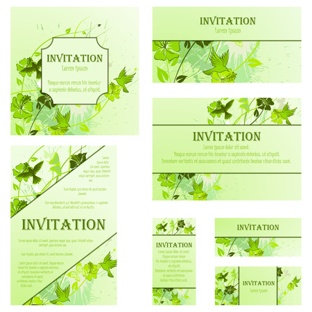 Set of Invitation Cards in Different  Size and Formats. Elegant Spring Design With Flowers, Butterflies and Birds Over Grunge Green Background With Ink Blots. Vector Illustration.のイラスト素材