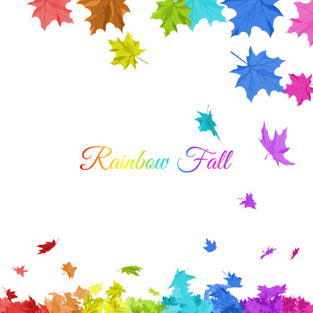 Autumn  frame with falling  maple leaves in rainbow colors on white background. Elegant design with text space and ideal balanced colors. Vector illustration.のイラスト素材