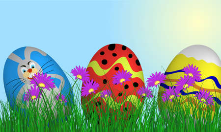 Easter eggs on springtime meadow with blue sky. Vector illustration.のイラスト素材