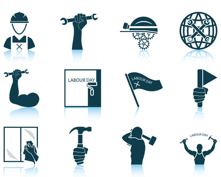 Set of twelve Labour Day icons with reflections. Vector illustration.のイラスト素材