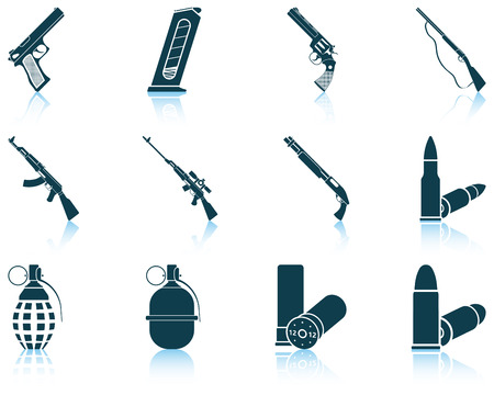 Set of twelve weapon icons with reflections. Vector illustration.のイラスト素材