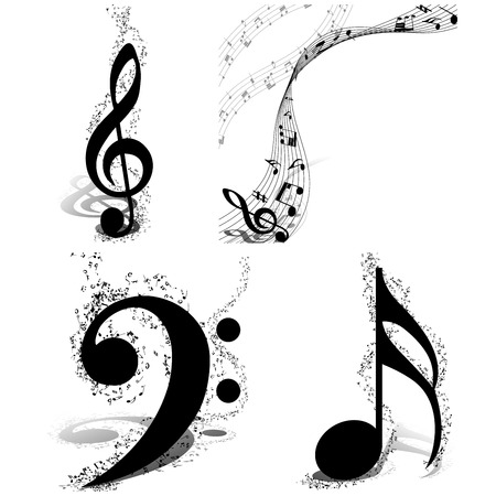 Black and white musical design set from music staff elements with treble clef and notes with copy space. Isolated on white. Vector illustration.のイラスト素材
