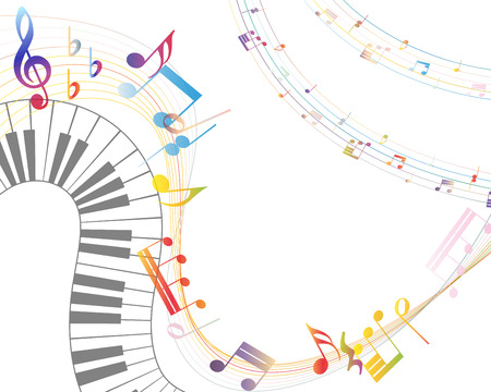 Musical Design Elements From Music Staff With Treble Clef, Piano Keyboard And Notes in gradient transparent Colors. Elegant Creative Design With Shadows and Isolated on White. Vector Illustration.のイラスト素材