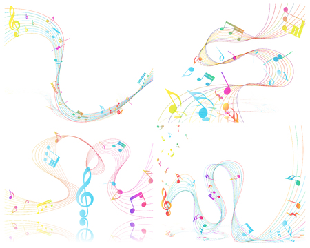 Multicolor Musical Design From Music Staff Elements With Treble Clef And Notes With Copy Space. Elegant Creative Design Isolated on White. Vector Illustration.のイラスト素材