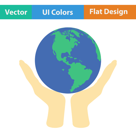 Hands holding planet icon. Flat design. Vector illustration.のイラスト素材