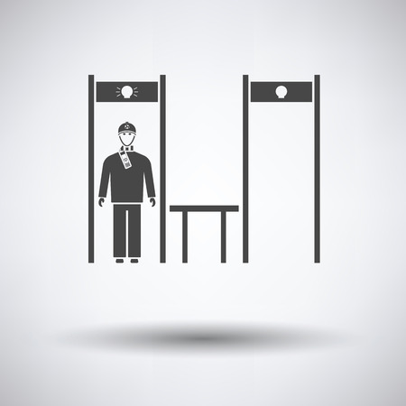 Stadium metal detector frame with inspecting fan icon on gray background, round shadow. Vector illustration.のイラスト素材