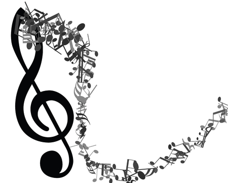 Black and white musical design from music staff elements with treble clef and notes. Isolated on white. Vector illustration.のイラスト素材