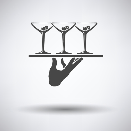 Waiter hand holding tray with martini glasses icon on gray background with round shadow. Vector illustration.のイラスト素材
