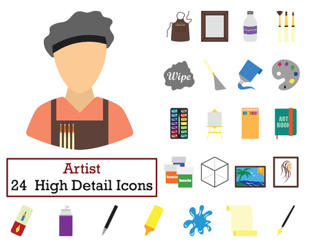 Set of 24  Artist Icons. Flat color design. Vector illustration.のイラスト素材