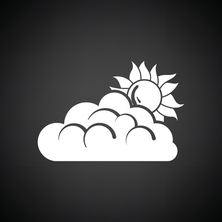 Sun behind clouds icon. Black background with white. Vector illustration.のイラスト素材