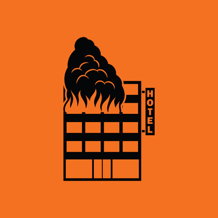 Hotel building in fire icon. Orange background with black. Vector illustration.のイラスト素材