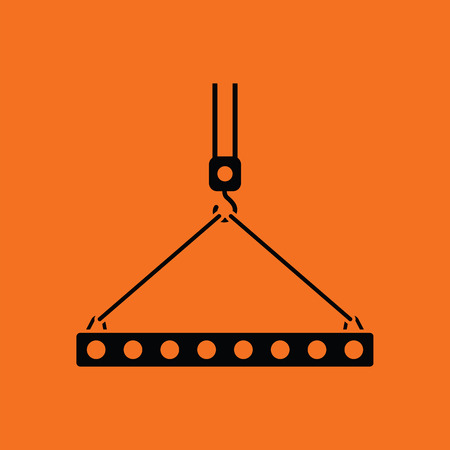 Icon of slab hanged on crane hook by rope slings . Orange background with black. Vector illustration.のイラスト素材