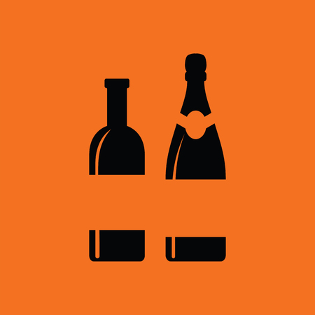 Wine and champagne bottles icon. Orange background with black. Vector illustration.のイラスト素材