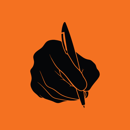 Hand with pen icon. Orange background with black. Vector illustration.のイラスト素材