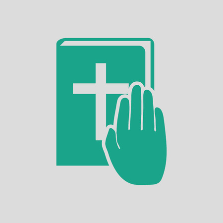Hand on Bible icon. Gray background with green. Vector illustration.のイラスト素材