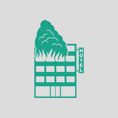 Hotel building in fire icon. Gray background with green. Vector illustration.のイラスト素材