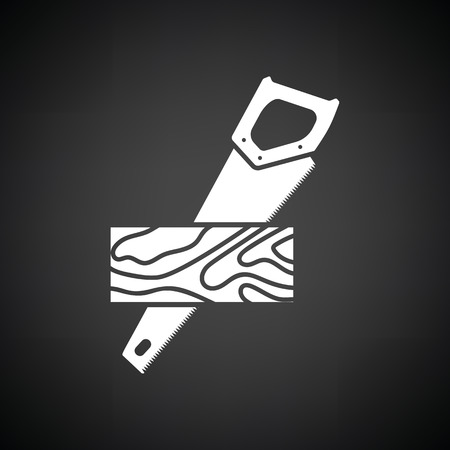 Handsaw cutting a plank icon. Black background with white. Vector illustration.のイラスト素材