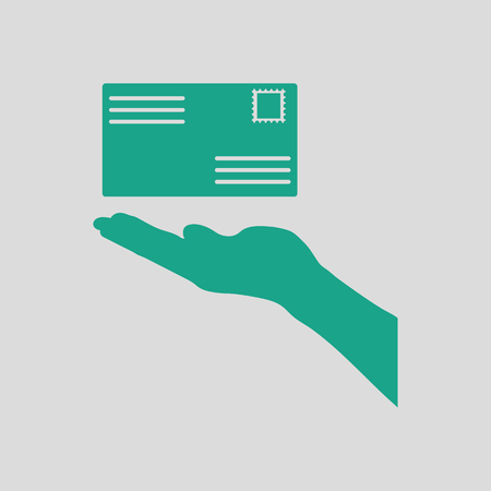 Hand holding letter icon. Gray background with green. Vector illustration.のイラスト素材