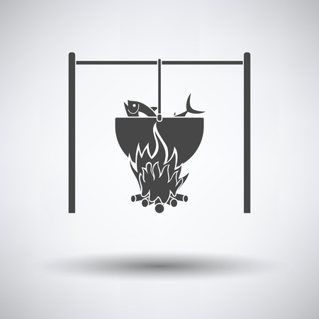 Icon of fire and fishing pot on gray background, round shadow. Vector illustration.のイラスト素材