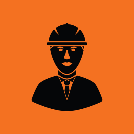 Icon of construction worker head in helmet. Orange background with black. Vector illustration.のイラスト素材
