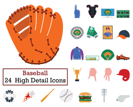 Set of 24  Baseball Icons. Flat color design. Vector illustration.のイラスト素材