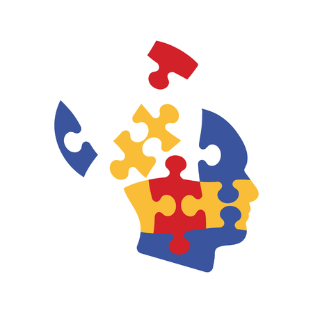 Solution Icon. Head From Puzzles Pieces. Flat color design. Startup series. Vector illustration.のイラスト素材