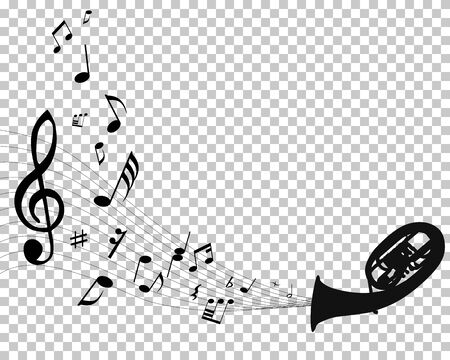 Abstract music background with different notes and wind instruments with transparency grid on back. Vector Illustration.のイラスト素材