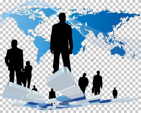 Worldwide business theme with silhouettes of man and map. Vector illustration.のイラスト素材