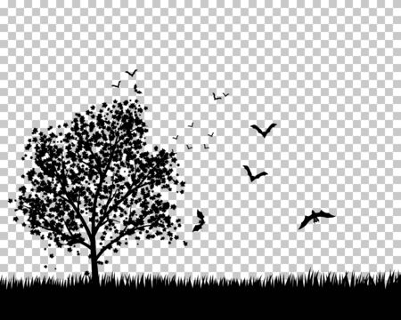 Lonely  maple tree in the meadow with flying bats. EPS 8 Vector illustration. All objects are separated.のイラスト素材
