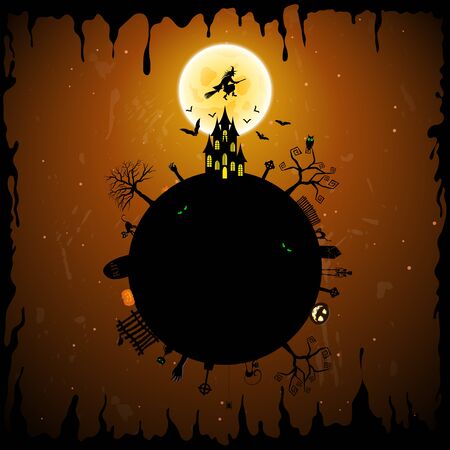 Happy Halloween Greeting Card. Elegant Design With Castle, Bats, Owl, Grave, Tree, Witch, Cemetery and Moon Over Grunge Dark Blue Starry Sky Background.のイラスト素材