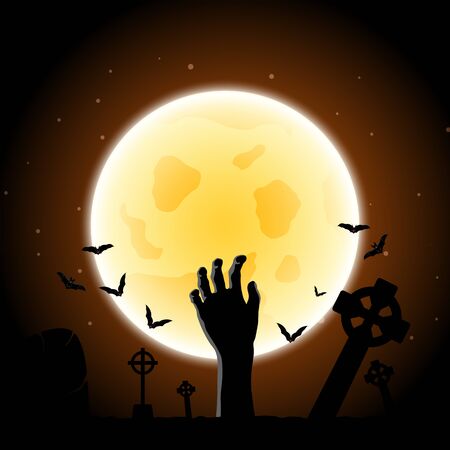 Happy Halloween Greeting Card. Elegant Design With Zombie Hand, Bat, Grave, Cemetery and Moon  Over Grunge Dark Blue Starry Sky Background.のイラスト素材