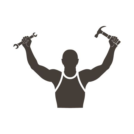 Labour day emblem with silhouette of worker. Vector illustration. のイラスト素材