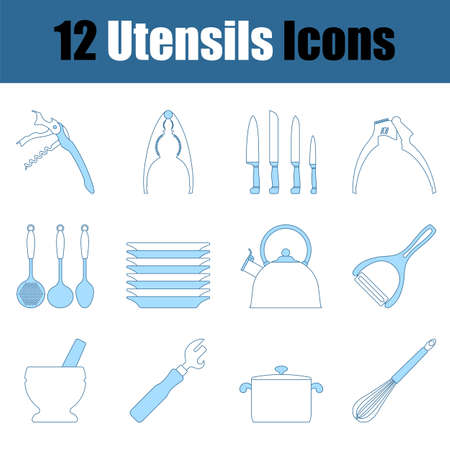 Utensils Icon Set. Thin Line With Blue Fill Design. Vector Illustration.のイラスト素材